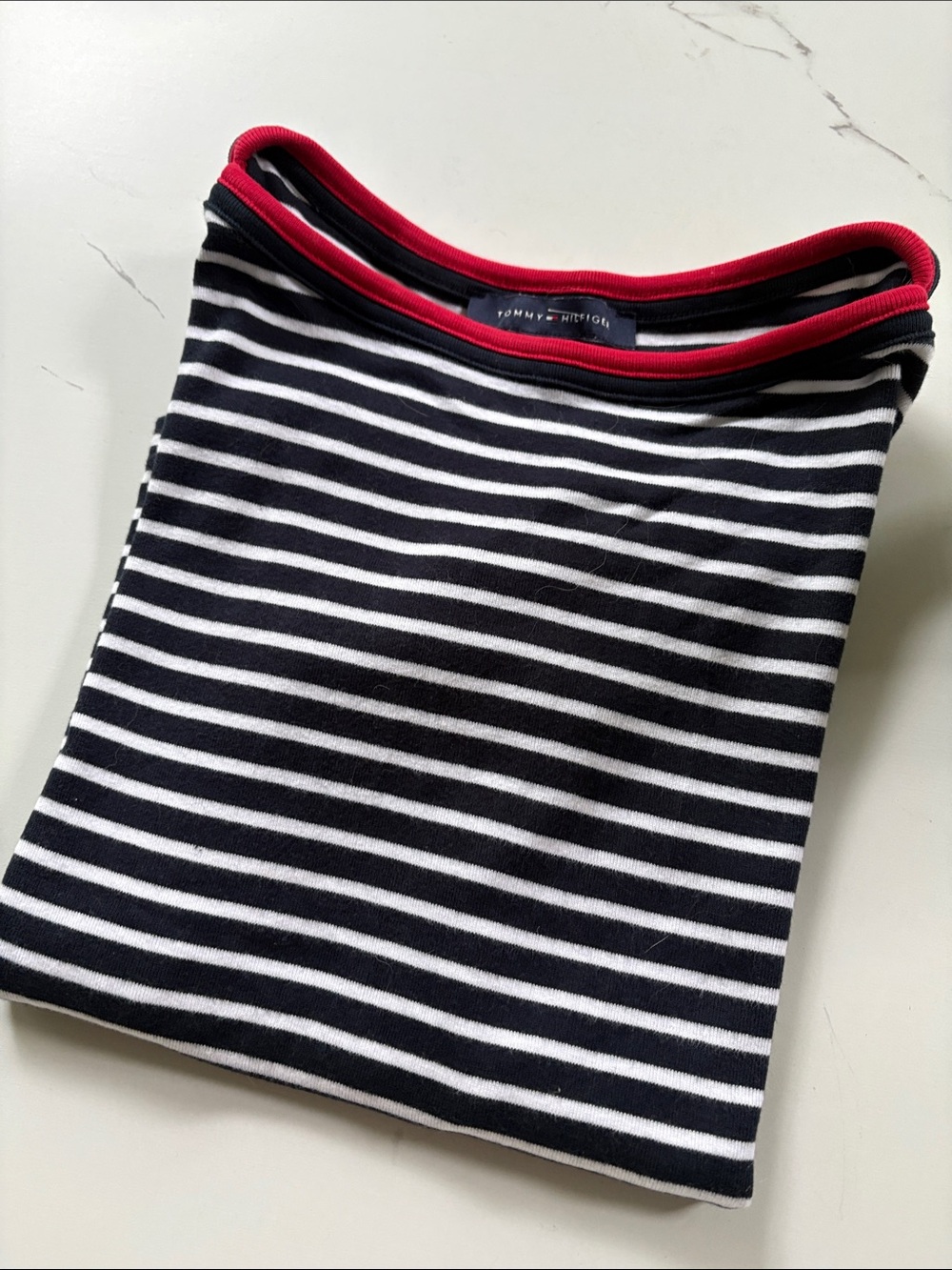 Tommy Hilfiger Navy & White Striped Tee with Red Trim M